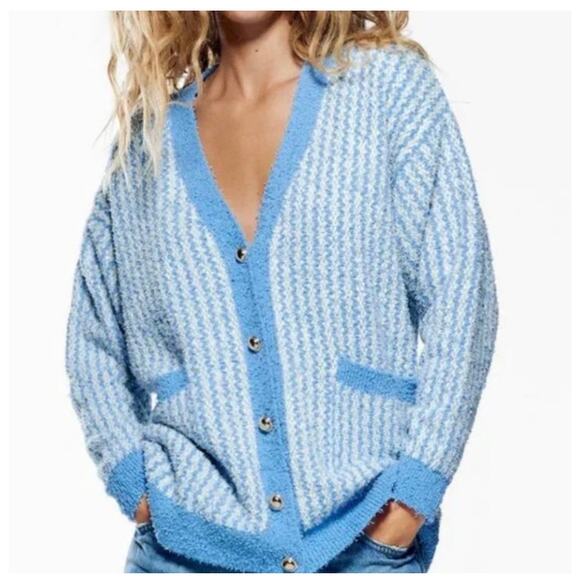 Zara Blue Chunky Oversized Tweed Striped Button Cardigan Sweater Size S - Picture 2 of 10